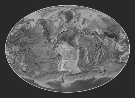 Téléchargez les photos : Plaque tectonique sud-américaine sur la carte d'altitude en niveaux de gris dans la projection Fahey centrée méridionale. Lieux des tremblements de terre de plus de 6,5 magnitude enregistrés depuis le début du 17ème siècle - en image libre de droit
