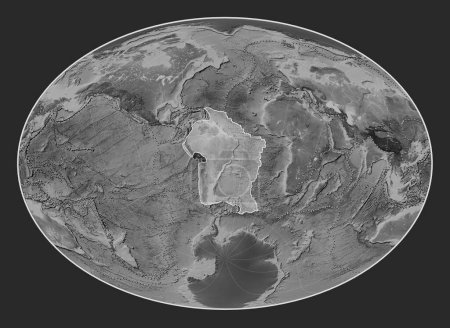 Téléchargez les photos : Plaque tectonique sud-américaine sur la carte d'altitude en niveaux de gris dans la projection Fahey Oblique centrée méridionale et latitudinale. Limites des autres plaques - en image libre de droit