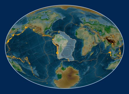 Téléchargez les photos : Plaque tectonique sud-américaine sur la carte physique de l'altitude dans la projection Fahey Oblique centrée méridionale et latitudinale. Lieux des tremblements de terre de plus de 6,5 magnitude enregistrés depuis le début du 17ème siècle - en image libre de droit