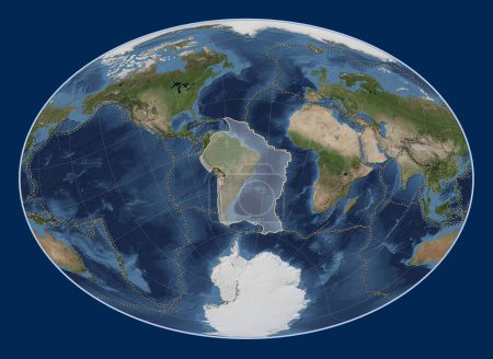 Photo for South American tectonic plate on the Blue Marble satellite map in the Fahey Oblique projection centered meridionally and latitudinally. Boundaries of other plates - Royalty Free Image