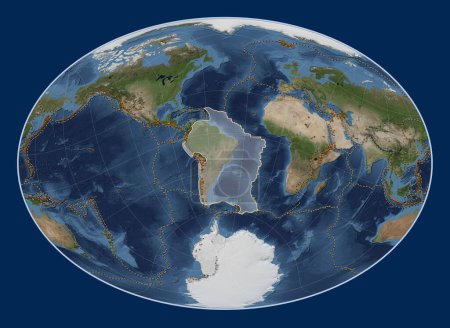 Photo for South American tectonic plate on the Blue Marble satellite map in the Fahey Oblique projection centered meridionally and latitudinally. Distribution of known volcanoes - Royalty Free Image
