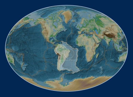 Téléchargez les photos : Plaque tectonique sud-américaine sur la carte physique de l'altitude dans la projection Fahey centrée méridionale. Limites des autres plaques - en image libre de droit