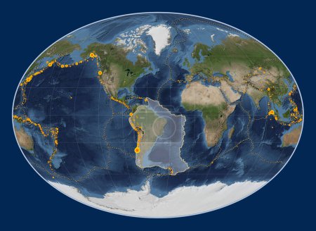 Téléchargez les photos : Plaque tectonique sud-américaine sur la carte satellite Blue Marble dans la projection Fahey centrée méridionale. Lieux des tremblements de terre de plus de 6,5 magnitude enregistrés depuis le début du 17ème siècle - en image libre de droit