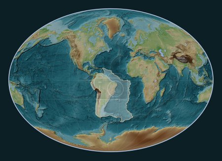 Téléchargez les photos : Plaque tectonique sud-américaine sur la carte d'élévation de style Wiki dans la projection Fahey centrée méridionale. - en image libre de droit