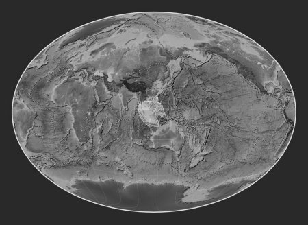 Téléchargez les photos : Plaque tectonique de la Sunda sur la carte d'altitude en niveaux de gris dans la projection Fahey Oblique centrée méridionale et latitudinale. Limites des autres plaques - en image libre de droit