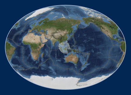 Photo for Sunda tectonic plate on the Blue Marble satellite map in the Fahey Oblique projection centered meridionally and latitudinally. Boundaries of other plates - Royalty Free Image