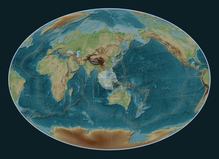 Foto de Placa tectónica de Sunda en el mapa de elevación de estilo Wiki en la proyección Fahey Oblique centrada meridional y latitudinalmente. Límites de otras placas - Imagen libre de derechos