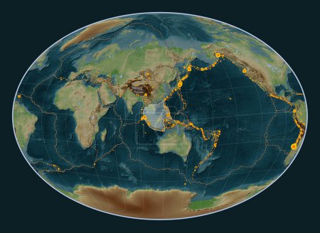 Téléchargez les photos : Plaque tectonique Sunda sur la carte d'élévation de style Wiki dans la projection Fahey Oblique centrée méridionale et latitudinale. Lieux des tremblements de terre de plus de 6,5 magnitude enregistrés depuis le début du 17ème siècle - en image libre de droit