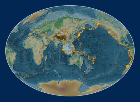 Téléchargez les photos : Plaque tectonique de la Sunda sur la carte physique de l'altitude dans la projection Fahey centrée méridionale. Lieux des tremblements de terre de plus de 6,5 magnitude enregistrés depuis le début du 17ème siècle - en image libre de droit