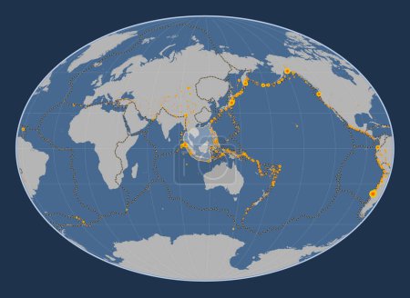 Photo for Sunda tectonic plate on the solid contour map in the Fahey projection centered meridionally. Locations of earthquakes above 6.5 magnitude recorded since the early 17th century - Royalty Free Image