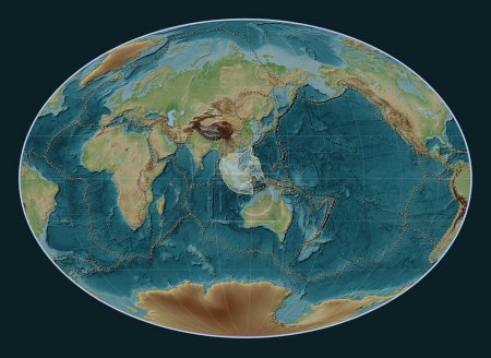 Téléchargez les photos : Plaque tectonique Sunda sur la carte d'élévation de style Wiki dans la projection Fahey centrée méridionale. Limites des autres plaques - en image libre de droit