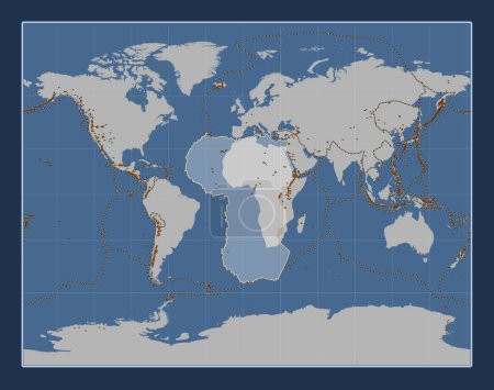 Foto de Placa tectónica africana en el mapa de contorno sólido en la Gall Proyección estereográfica centrada meridionalmente. Distribución de volcanes conocidos - Imagen libre de derechos