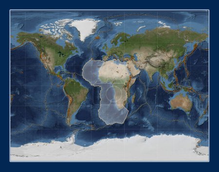 Téléchargez les photos : Plaque tectonique africaine sur la carte satellite Blue Marble dans la Gall Projection stéréographique centrée méridionale. Distribution des volcans connus - en image libre de droit