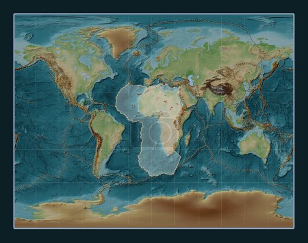 Téléchargez les photos : Plaque tectonique africaine sur la carte d'élévation de style Wiki dans la projection stéréographique de Gall centrée méridionale. Distribution des volcans connus - en image libre de droit