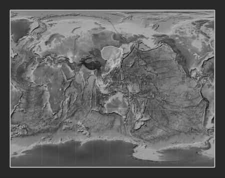 Téléchargez les photos : Plaque tectonique d'Amour sur la carte d'élévation en niveaux de gris dans la projection stéréographique de Gall centrée méridionale. Limites des autres plaques - en image libre de droit