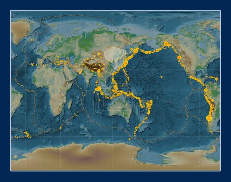 Téléchargez les photos : Plaque tectonique d'Amour sur la carte physique de l'altitude dans la projection stéréographique de Gall centrée méridionale. Lieux des tremblements de terre de plus de 6,5 magnitude enregistrés depuis le début du 17ème siècle - en image libre de droit