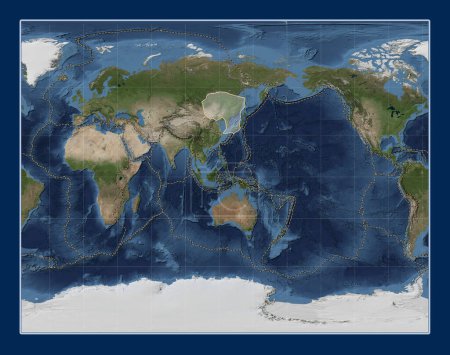 Photo for Amur tectonic plate on the Blue Marble satellite map in the Gall Stereographic projection centered meridionally. Boundaries of other plates - Royalty Free Image