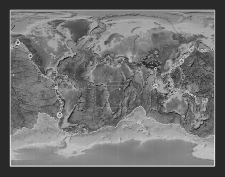 Foto de Placa tectónica antártica en el mapa de elevación a escala de grises en la Gall Proyección estereográfica centrada meridionalmente. Localizaciones de terremotos de magnitud superior a 6,5 registradas desde principios del siglo XVII - Imagen libre de derechos