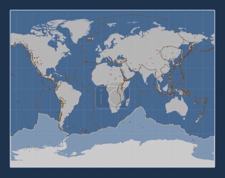 Téléchargez les photos : Plaque tectonique antarctique sur la carte de contour solide dans la projection stéréographique de Gall centrée méridionale. Distribution des volcans connus - en image libre de droit