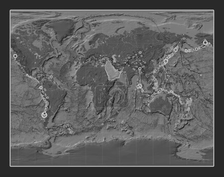 Photo for Arabian tectonic plate on the bilevel elevation map in the Gall Stereographic projection centered meridionally. Locations of earthquakes above 6.5 magnitude recorded since the early 17th century - Royalty Free Image
