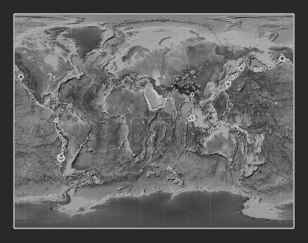 Photo for Arabian tectonic plate on the grayscale elevation map in the Gall Stereographic projection centered meridionally. Locations of earthquakes above 6.5 magnitude recorded since the early 17th century - Royalty Free Image