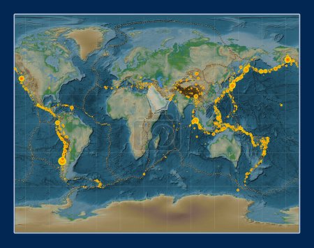 Photo for Arabian tectonic plate on the physical elevation map in the Gall Stereographic projection centered meridionally. Locations of earthquakes above 6.5 magnitude recorded since the early 17th century - Royalty Free Image