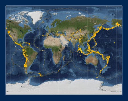 Photo for Arabian tectonic plate on the Blue Marble satellite map in the Gall Stereographic projection centered meridionally. Locations of earthquakes above 6.5 magnitude recorded since the early 17th century - Royalty Free Image
