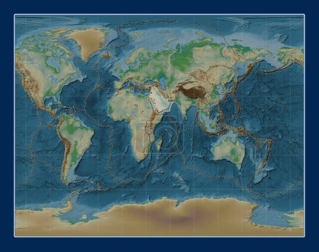 Photo for Arabian tectonic plate on the physical elevation map in the Gall Stereographic projection centered meridionally. Distribution of known volcanoes - Royalty Free Image