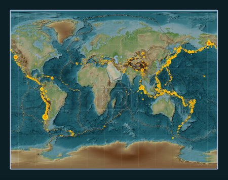 Photo for Arabian tectonic plate on the Wiki style elevation map in the Gall Stereographic projection centered meridionally. Locations of earthquakes above 6.5 magnitude recorded since the early 17th century - Royalty Free Image