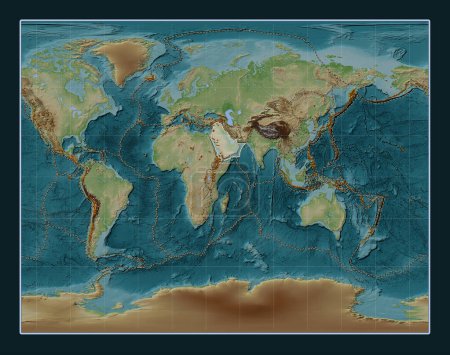 Photo for Arabian tectonic plate on the Wiki style elevation map in the Gall Stereographic projection centered meridionally. Distribution of known volcanoes - Royalty Free Image