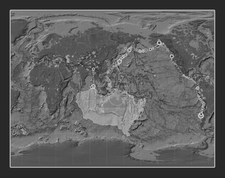 Foto de Placa tectónica australiana en el mapa de elevación bilevel en la Gall Proyección estereográfica centrada meridionalmente. Localizaciones de terremotos de magnitud superior a 6,5 registradas desde principios del siglo XVII - Imagen libre de derechos
