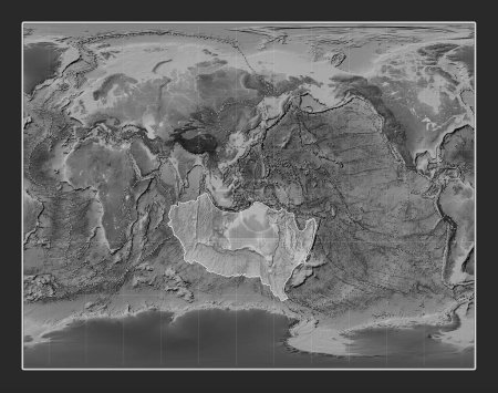 Téléchargez les photos : Plaque tectonique australienne sur la carte d'élévation en niveaux de gris dans la projection stéréographique de Gall centrée méridionale. Limites des autres plaques - en image libre de droit
