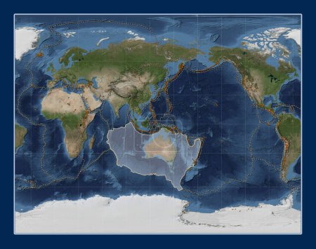 Téléchargez les photos : Plaque tectonique australienne sur la carte satellite Blue Marble dans la projection Gall Stereographic centrée méridionale. Distribution des volcans connus - en image libre de droit