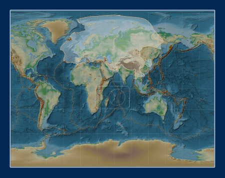 Téléchargez les photos : Plaque tectonique eurasienne sur la carte physique de l'altitude dans la projection stéréographique de Gall centrée méridionale. Distribution des volcans connus - en image libre de droit