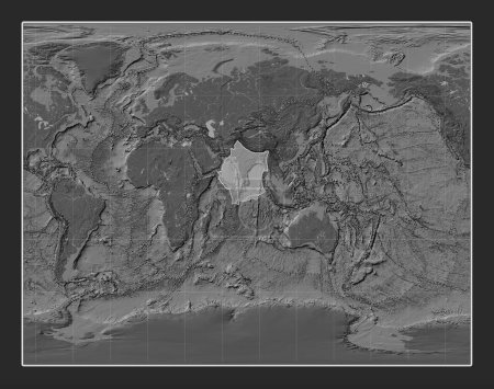 Foto de Placa tectónica india en el mapa de elevación bilevel en la proyección estereográfica Gall centrada meridionalmente. Límites de otras placas - Imagen libre de derechos