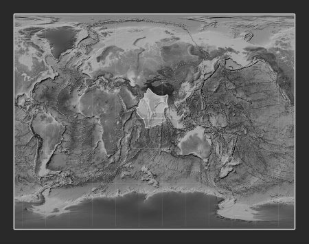 Téléchargez les photos : Plaque tectonique indienne sur la carte d'élévation en niveaux de gris dans la projection stéréographique de Gall centrée méridionale. Limites des autres plaques - en image libre de droit