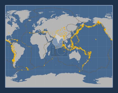 Téléchargez les photos : Plaque tectonique indienne sur la carte de contour solide dans la projection Gall Stereographic centrée méridionale. Lieux des tremblements de terre de plus de 6,5 magnitude enregistrés depuis le début du 17ème siècle - en image libre de droit