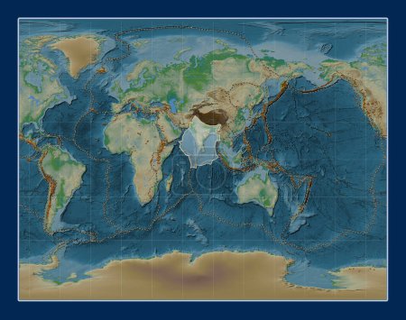 Téléchargez les photos : Plaque tectonique indienne sur la carte physique de l'altitude dans la projection stéréographique de Gall centrée méridionale. Distribution des volcans connus - en image libre de droit
