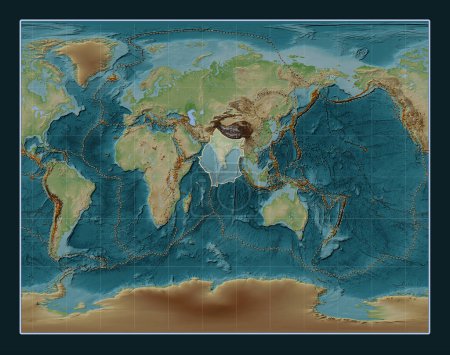 Téléchargez les photos : Plaque tectonique indienne sur la carte d'élévation de style Wiki dans la projection Gall Stereographic centrée méridionale. Distribution des volcans connus - en image libre de droit