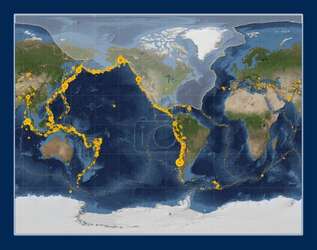 Foto de Placa tectónica norteamericana en el mapa satélite de mármol azul en la proyección estereográfica Gall centrada meridionalmente. Localizaciones de terremotos de magnitud superior a 6,5 registradas desde principios del siglo XVII - Imagen libre de derechos