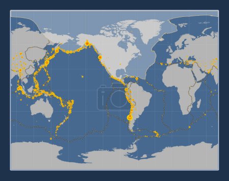 Téléchargez les photos : Plaque tectonique nord-américaine sur la carte de contour solide dans la projection stéréographique de Gall centrée méridionale. Lieux des tremblements de terre de plus de 6,5 magnitude enregistrés depuis le début du 17ème siècle - en image libre de droit