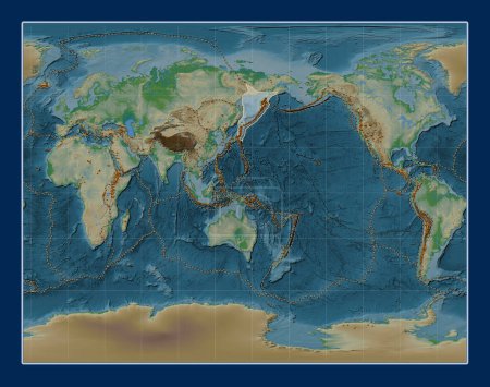 Photo for Okhotsk tectonic plate on the physical elevation map in the Gall Stereographic projection centered meridionally. Distribution of known volcanoes - Royalty Free Image