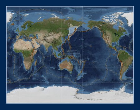 Photo for Okhotsk tectonic plate on the Blue Marble satellite map in the Gall Stereographic projection centered meridionally. Distribution of known volcanoes - Royalty Free Image