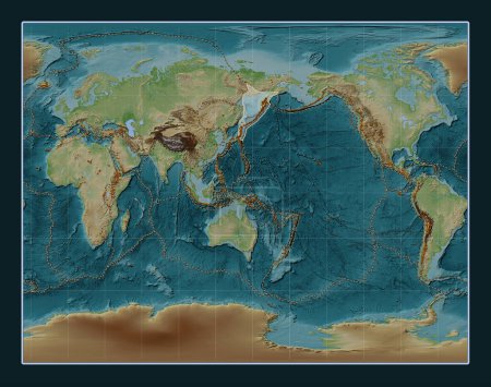 Téléchargez les photos : Plaque tectonique Okhotsk sur la carte d'élévation de style Wiki dans la projection stéréographique de Gall centrée méridionale. Distribution des volcans connus - en image libre de droit