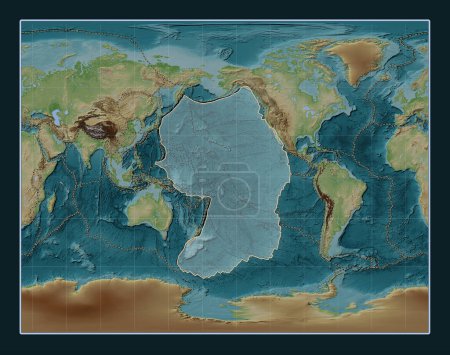 Foto de Placa tectónica del Pacífico en el mapa de elevación de estilo Wiki en la proyección estereográfica Gall centrada meridionalmente. Límites de otras placas - Imagen libre de derechos