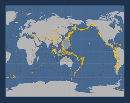 Téléchargez les photos : Plaque tectonique de la mer des Philippines sur la carte de contour solide dans la projection stéréographique de Gall centrée méridionale. Lieux des tremblements de terre de plus de 6,5 magnitude enregistrés depuis le début du 17ème siècle - en image libre de droit