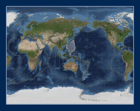 Téléchargez les photos : Plaque tectonique de la mer des Philippines sur la carte satellite Blue Marble dans la projection Gall Stereographic centrée méridionale. Limites des autres plaques - en image libre de droit