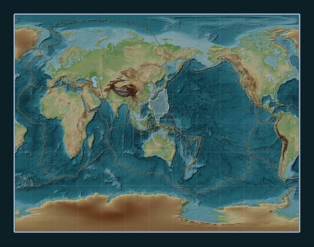 Téléchargez les photos : Plaque tectonique de la mer des Philippines sur la carte d'élévation de style Wiki dans la projection stéréographique de Gall centrée méridionale. Limites des autres plaques - en image libre de droit