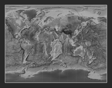 Foto de Placa tectónica somalí en el mapa de elevación a escala de grises en la Gall Proyección estereográfica centrada meridionalmente. Límites de otras placas - Imagen libre de derechos