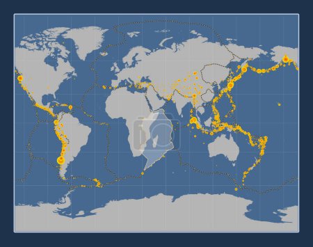 Téléchargez les photos : Plaque tectonique somalienne sur la carte de contour solide dans la projection stéréographique de Gall centrée méridionale. Lieux des tremblements de terre de plus de 6,5 magnitude enregistrés depuis le début du 17ème siècle - en image libre de droit